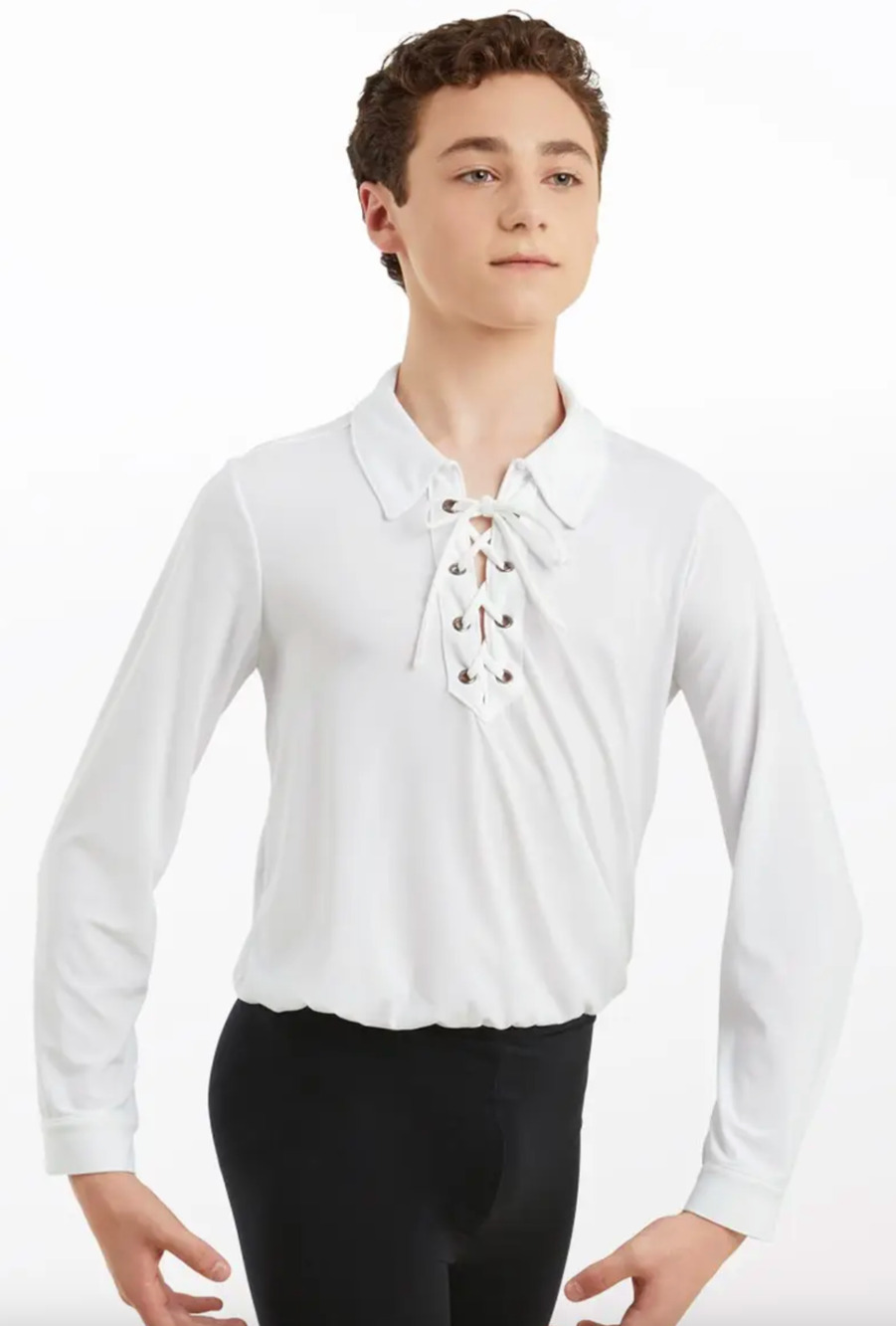 White Long Sleeve Lace Up Ballet Shirt White Attatched Trunks Childs Boys Medium